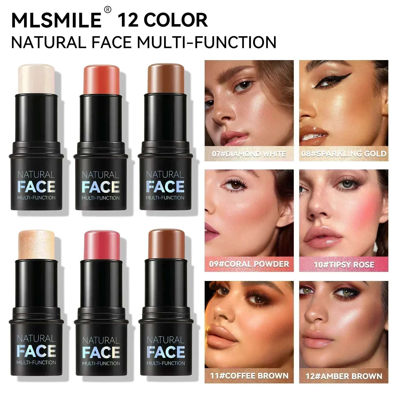 MLSMILE 3색 천연 페이스 메이크업 스틱 세트 다기능 하이라이트 블러쉬 방수 오일 컨트롤 패션 화장품 6g * 3