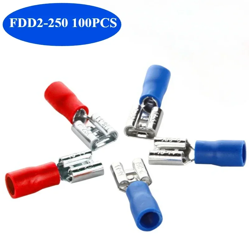 100pcs / pack FDD2-250 FDD female insulated electrical Crimp Terminal for 1.5-2.5mm2 Cable connectors Cable connector