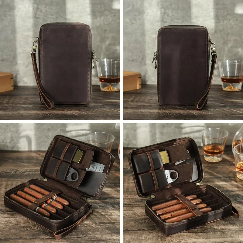 Vintage Cowhide Cigar Box Handmade Wrist Zipper Outdoor Travel Cigar Set Storage Box