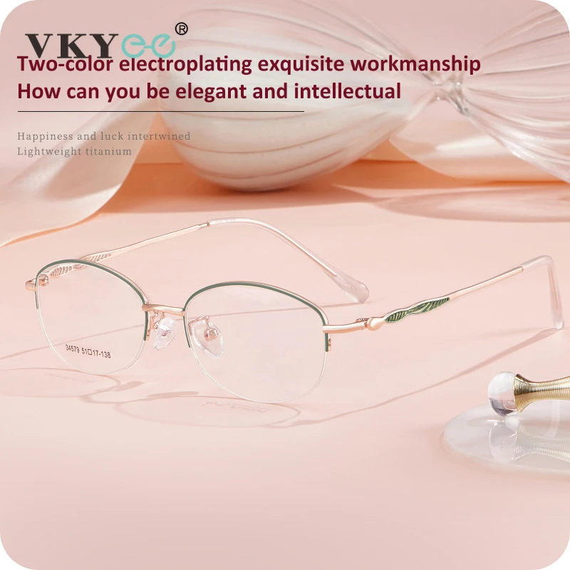 VICKY Lightweight Fashion Elegant Ladies Alloy Half Rim Eyeglasses Frames Tender Oval Anti-Blue Light women Customized 34579