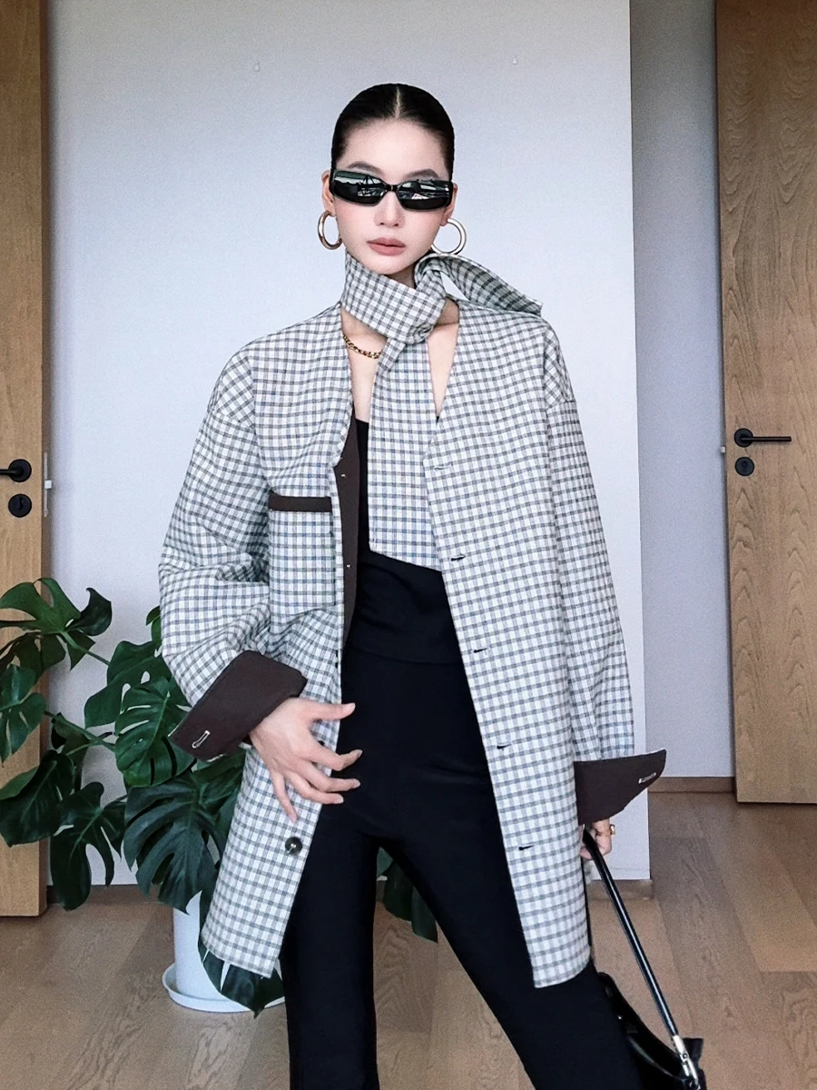 

CIZZLEMORE Early Autumn Loose Casual Plaid Women's Long Coat Medium Length Commute Sle Zipper Closure Cotton 00%