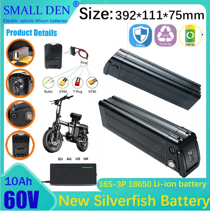 

New 60V 10Ah 18650 16S-3P Lithium Rechargeable Battery with Built-in BMS for Silverfish 250W-1500W Motor Kit with +3A Charger