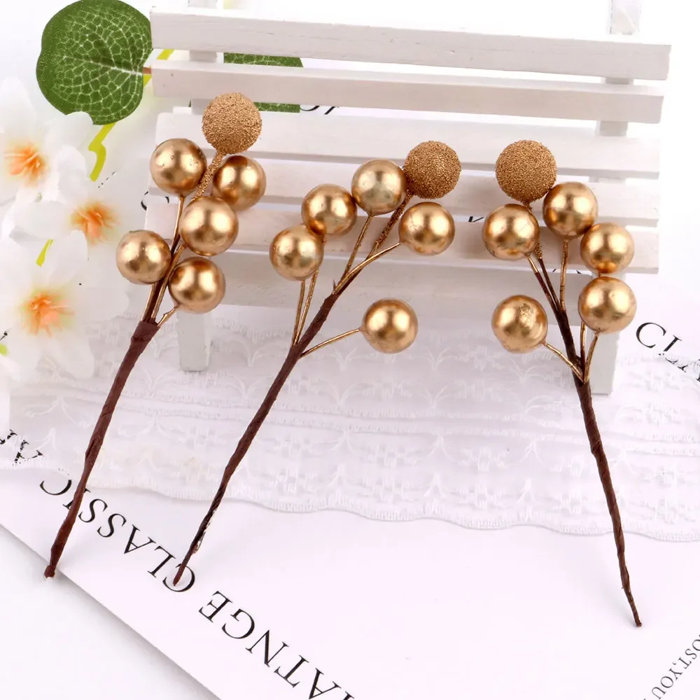 10Pcs Simulation Yangmei Golden Berry Bouquet Christmas Tree Berry Decoration False Plant Wreath Home Christmas Party Ornament