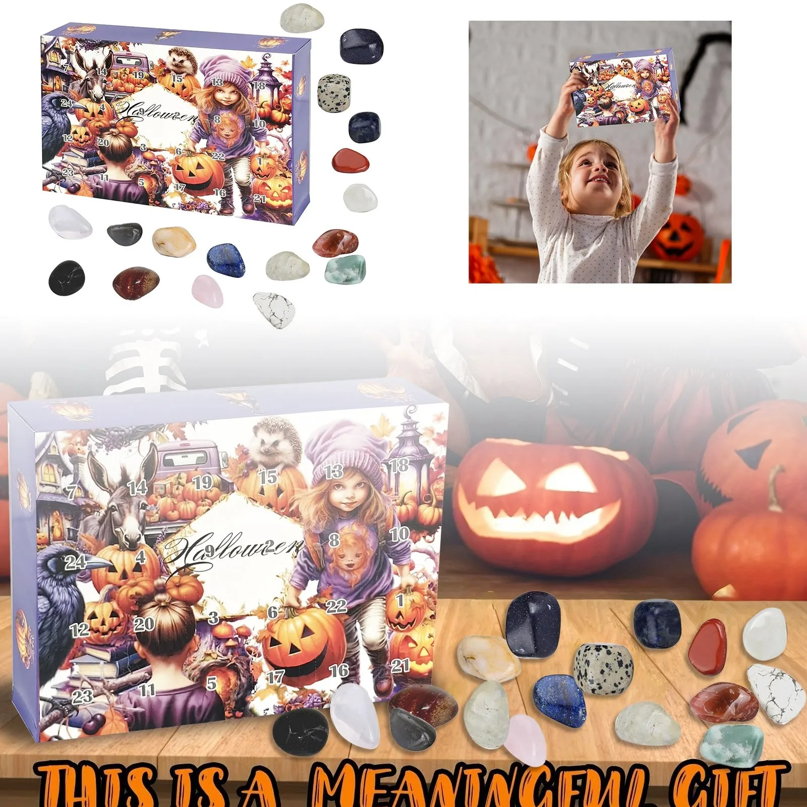 2024 Halloween Advent Calendar 24 Natural Crystal Stone Day Halloween Pumpkin Countdown Christmas Candy Calendar Countdown