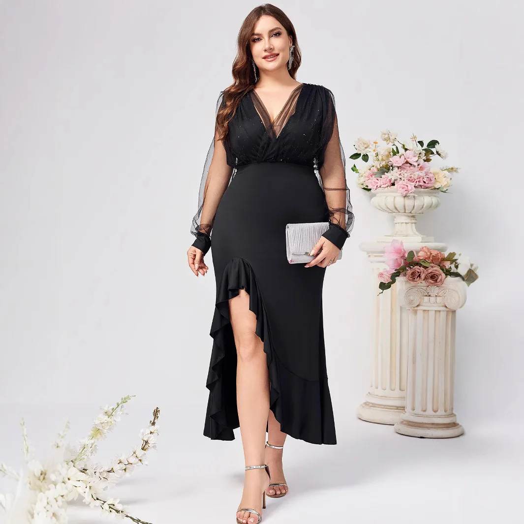 Elegancka syrenka formalna suknia wieczorowa dekolt w serek długie rękawy tiulowe cekiny asymetryczny brzeg suknia dla gościa weselnego 2025 za darmo dostosowane