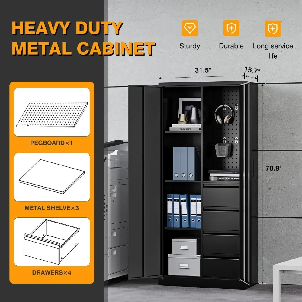 Metal Storage Cabinet-Heavy Duty Tool Cabinet Multifunctional Steel Cabinet with Shelves&Drawers, Pegboard for Garage Home