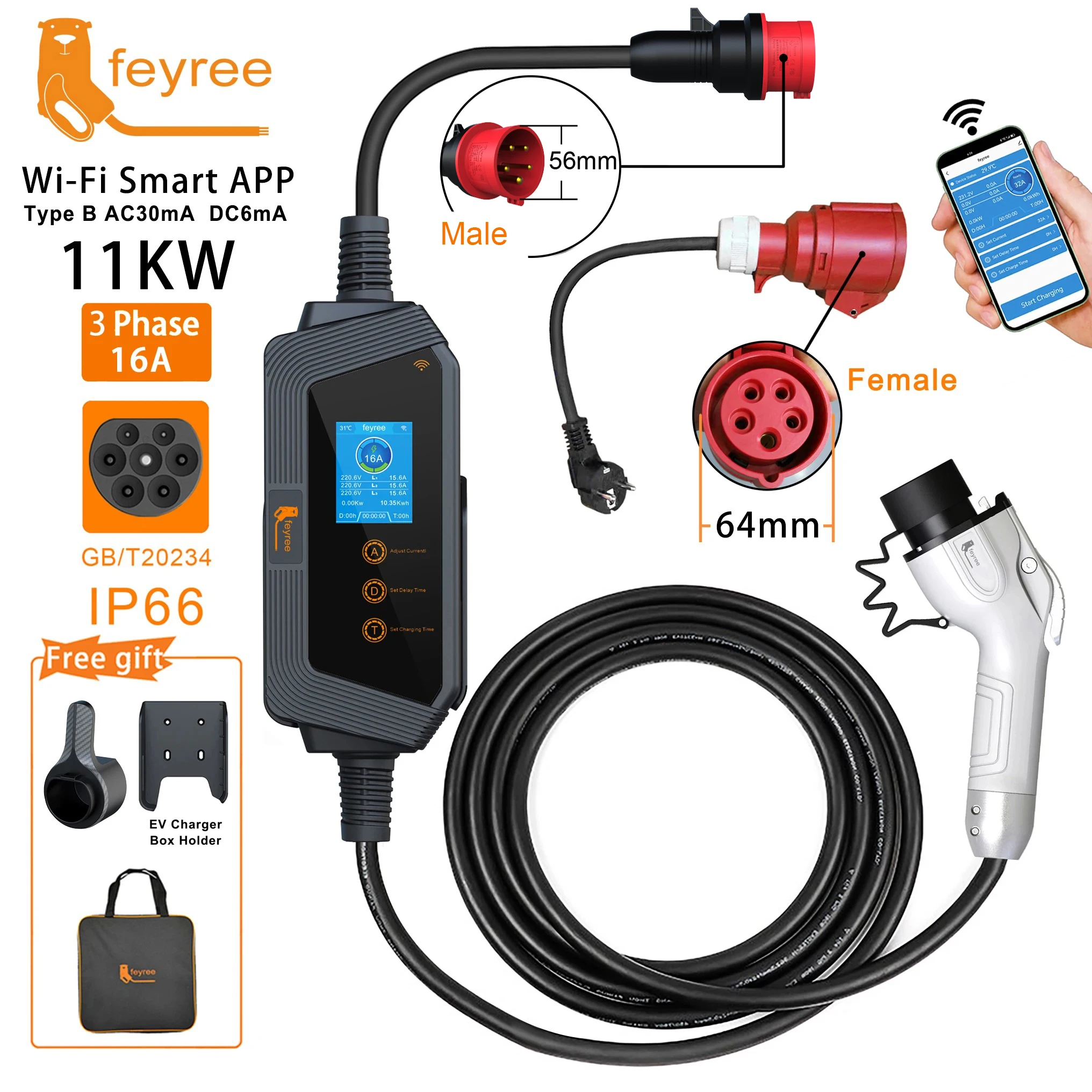 feyree GBT Cord 11KW 16A 3Phase EV Portable Charger APP WIFI Control EVSE Charging Box 5m Cable CEE Plug for Electric Vehicle