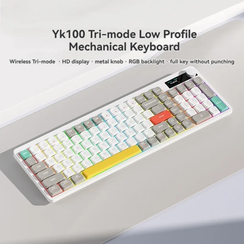 teclado mecanico sem fio tri mode perfil baixo yk100 tela rgb botao multifuncional personalizado 98 teclado para jogos de escritorio presente 01