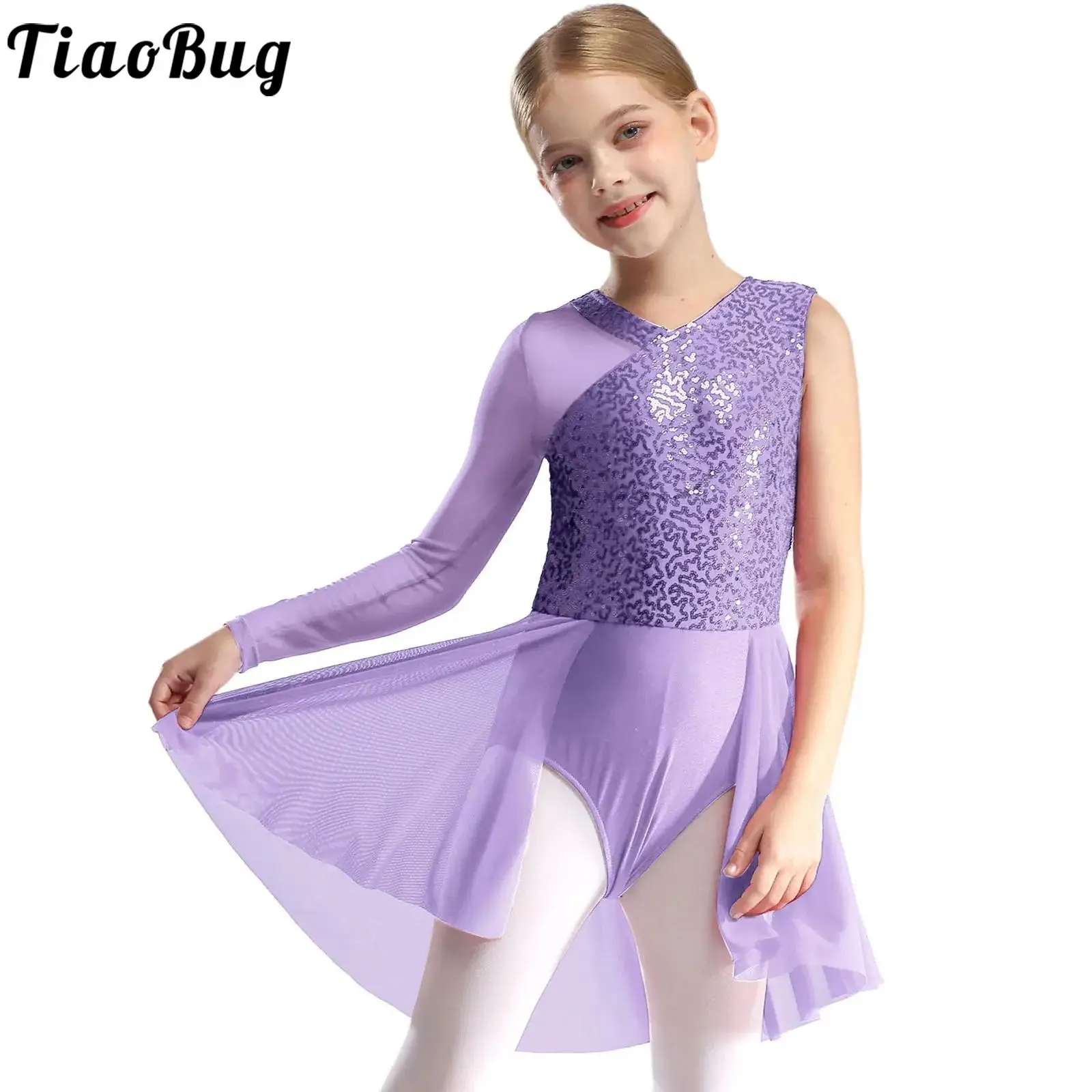 Girls Kids Sequins One Shoulder Long Sleeve Ballet Dance Dress Mesh Skirt Leotard Gymnastics Contemporary Lyrical Dance Costume