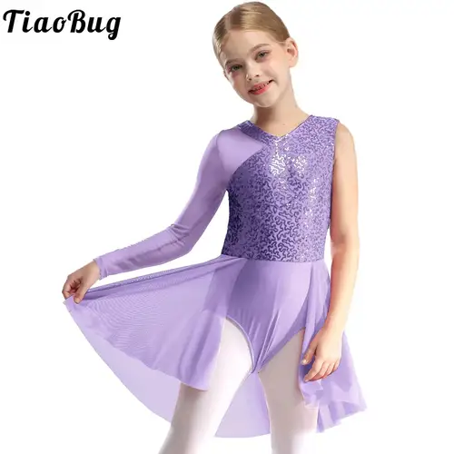 Vestido de baile de Ballet de manga larga con un hombro y lentejuelas para niñas y niños, falda de malla, leotardo, gimnasia, traje de danza lírica contemporánea