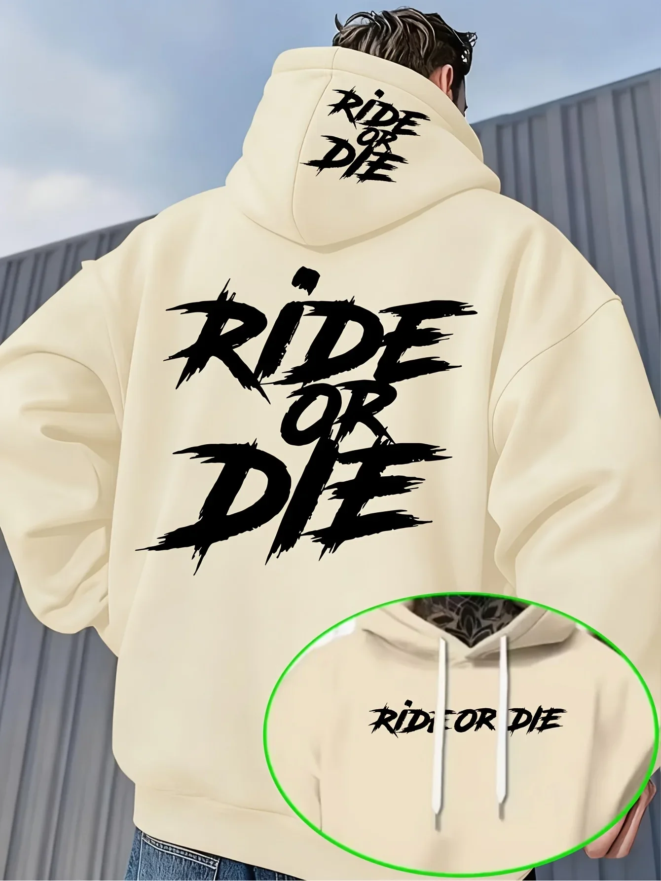 Men's Ride or Die Sports Hoodie Black Graffiti Letter Print Beige Oversized Pullover Streetwear Sweatshirt Spring Autumn