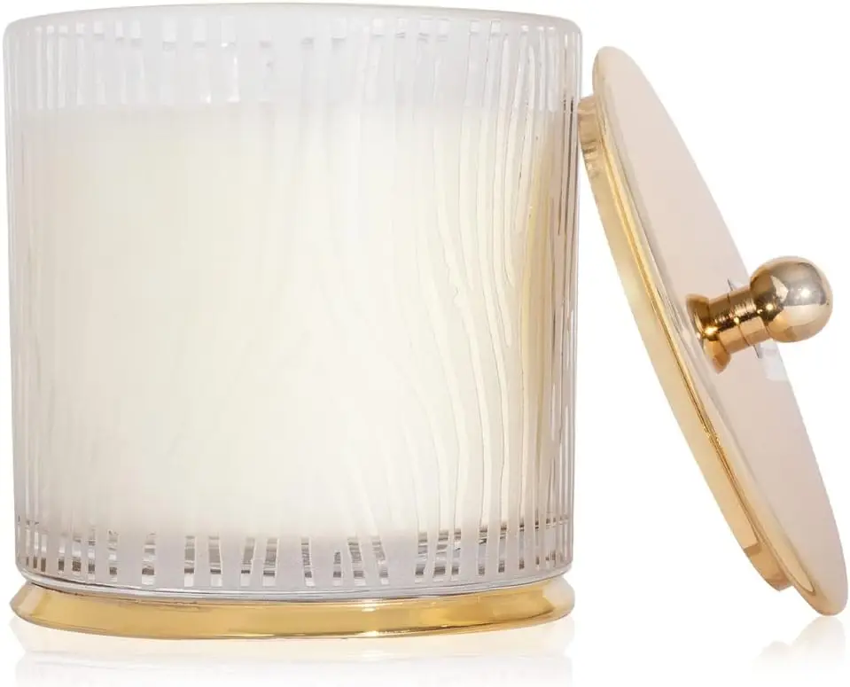 

Frosted Wood Grain Pine Scented Candle with Gold Accents - Large 13.5 oz for Elegant Home Decor