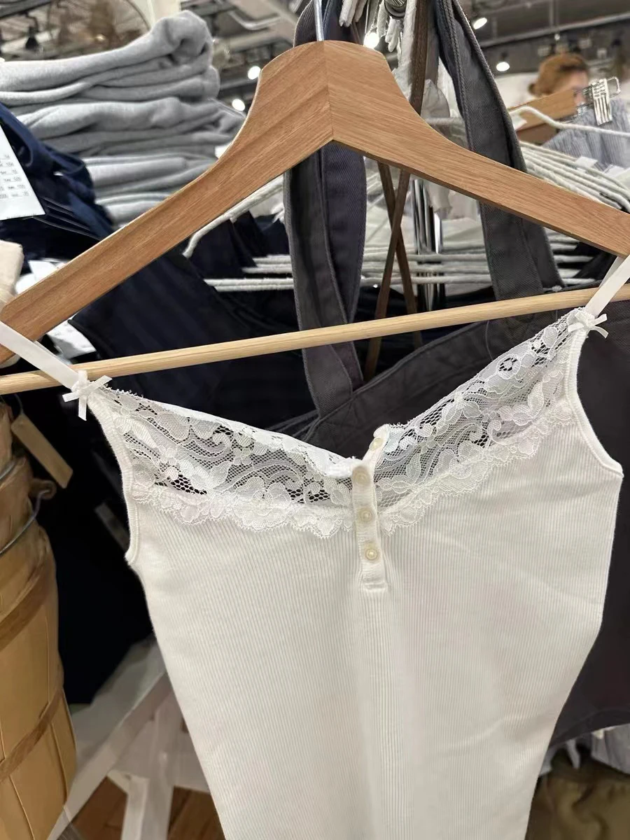 Camisetas sin mangas acanaladas con botones de encaje blanco para mujer, camisola recortada de algodón sin mangas con cuello en V, Top corto ajustado informal con lazo liso Y2k