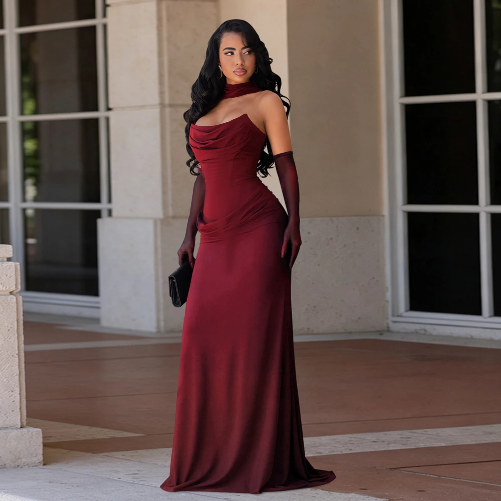 JENYAGE Damen-Abendkleid mit Neckholder-Ausschnitt und Handschuhen, gerafftes, figurbetontes, bodenlanges Meerjungfrauen-Maxikleid, elegantes Party- und Ballkleid – Detail 7