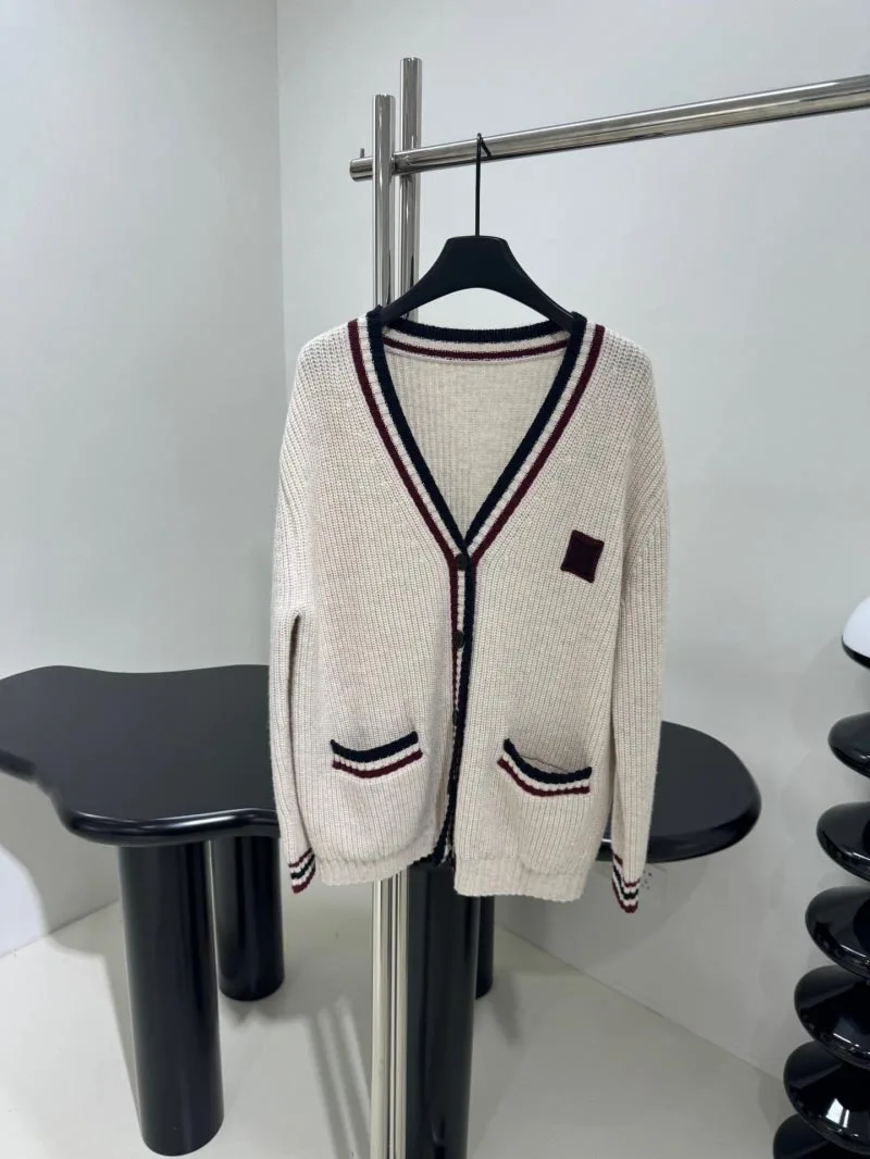 Lazy women\'s sweater fashionable loose casual contrasting color striped edge long sleeved knitted cardigan mid length