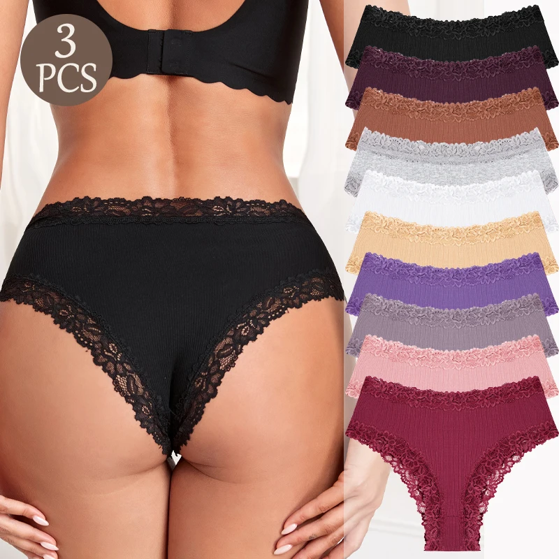 3-teiliges Set Damen Nahtlose Baumwoll-Slips Sexy Spitze Blumenmuster Brasilianische Hohe Taille Atmungsaktive Bikini-Unterwäsche Sexy Dessous