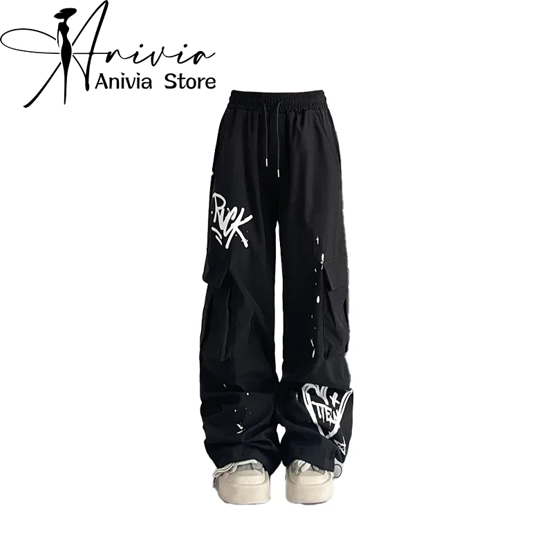 Women\'s Black Gothic Graffiti Cargo Pants Y2k 2000s Streetwear Vintage Emo Trousers Harajuku Parachute Pants Aesthetic Clothes