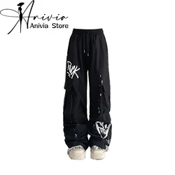 Women's Black Gothic Graffiti Cargo Pants Y2k 2000s Streetwear Vintage Emo Trousers Harajuku Parachute Pants Aesthetic Clothes