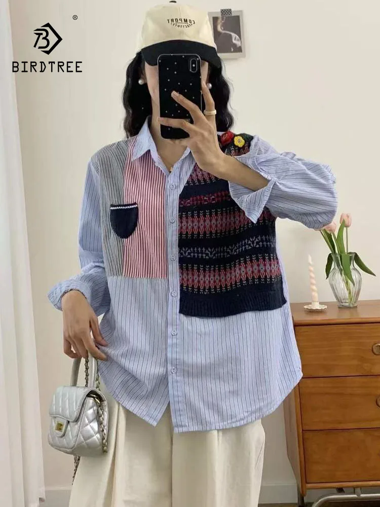 Neues 2026 Frühlings-Baumwoll-Langarmshirt, Damen-Revers-Strickwolle-Patchwork, Mori Girl Perppy Style INS Lose Bluse T5D618CC