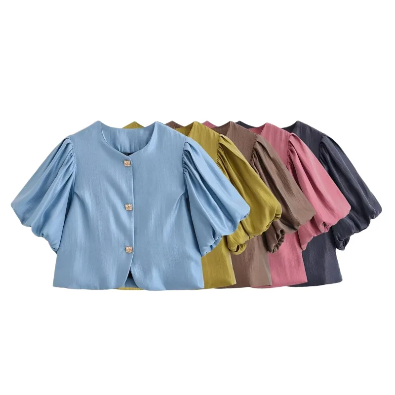 

Withered Women's Clothing 2026 Summer New Product Multi-color Bright Silk Satin Material Round Neck Metal Buckle Decorative Top