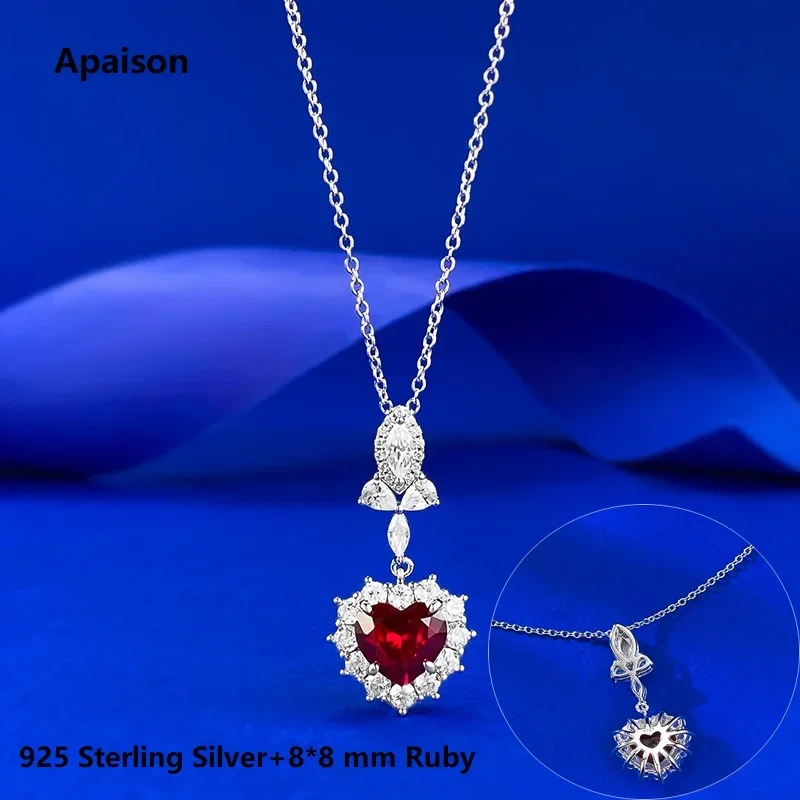 

Apaison 925 Sterling Silver Necklaces Sparkling 8*8 mm Heart Ruby Pendants For Women Wedding Party Bridal Jewelry Gift