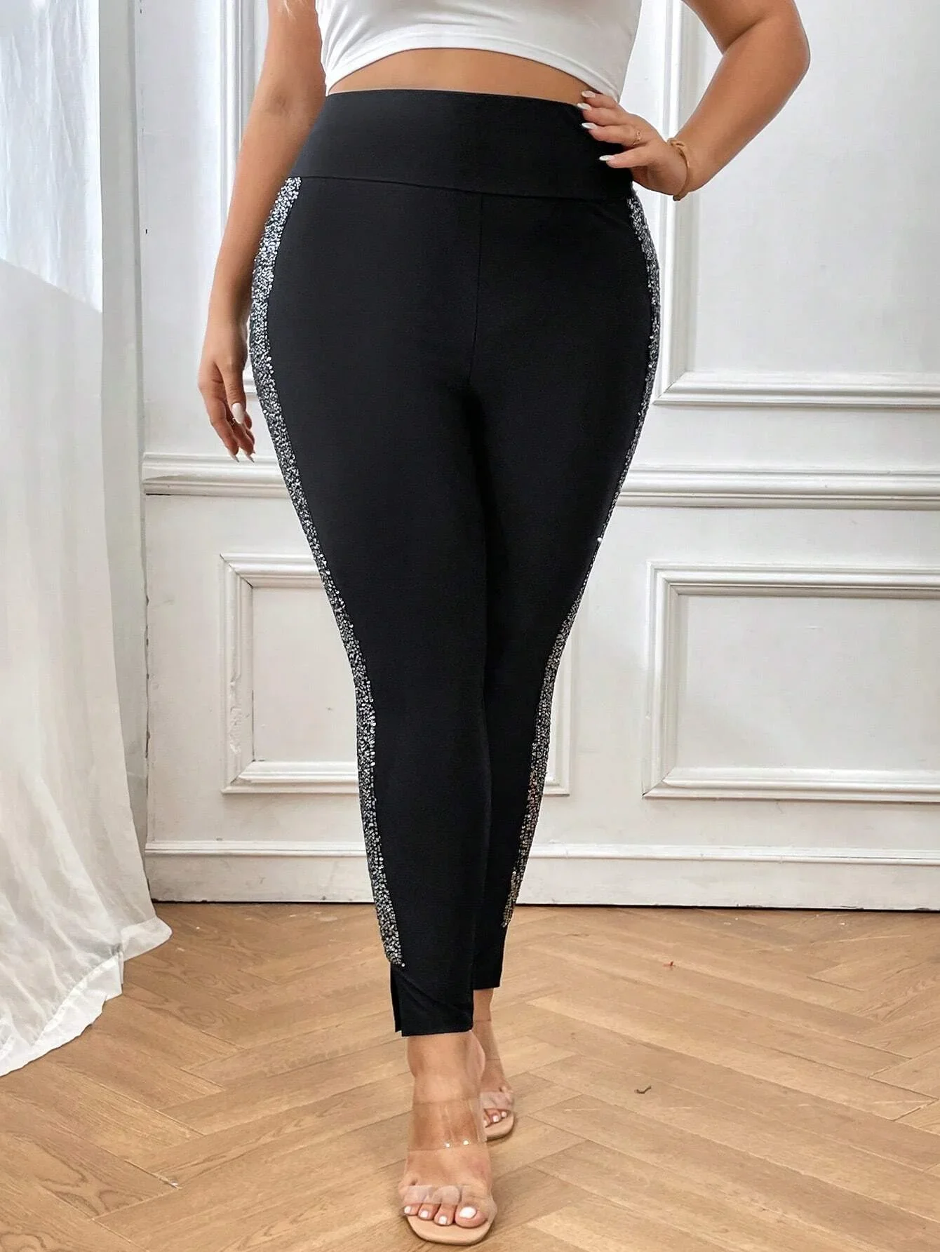 Women\'s Plus Size Sequin Side Seam Slit Hem Leggings Casual Fashion Pants Women\'s Comfortable Leggings