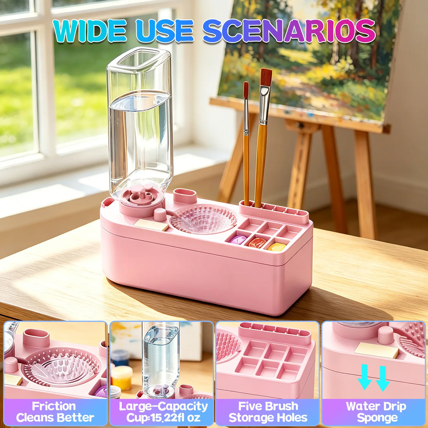 Portable 450ml Brush Washer with Press-to-Change Water Bucket, Suitable for Acrylic Paint Makeup Brushes Cleaning Tools