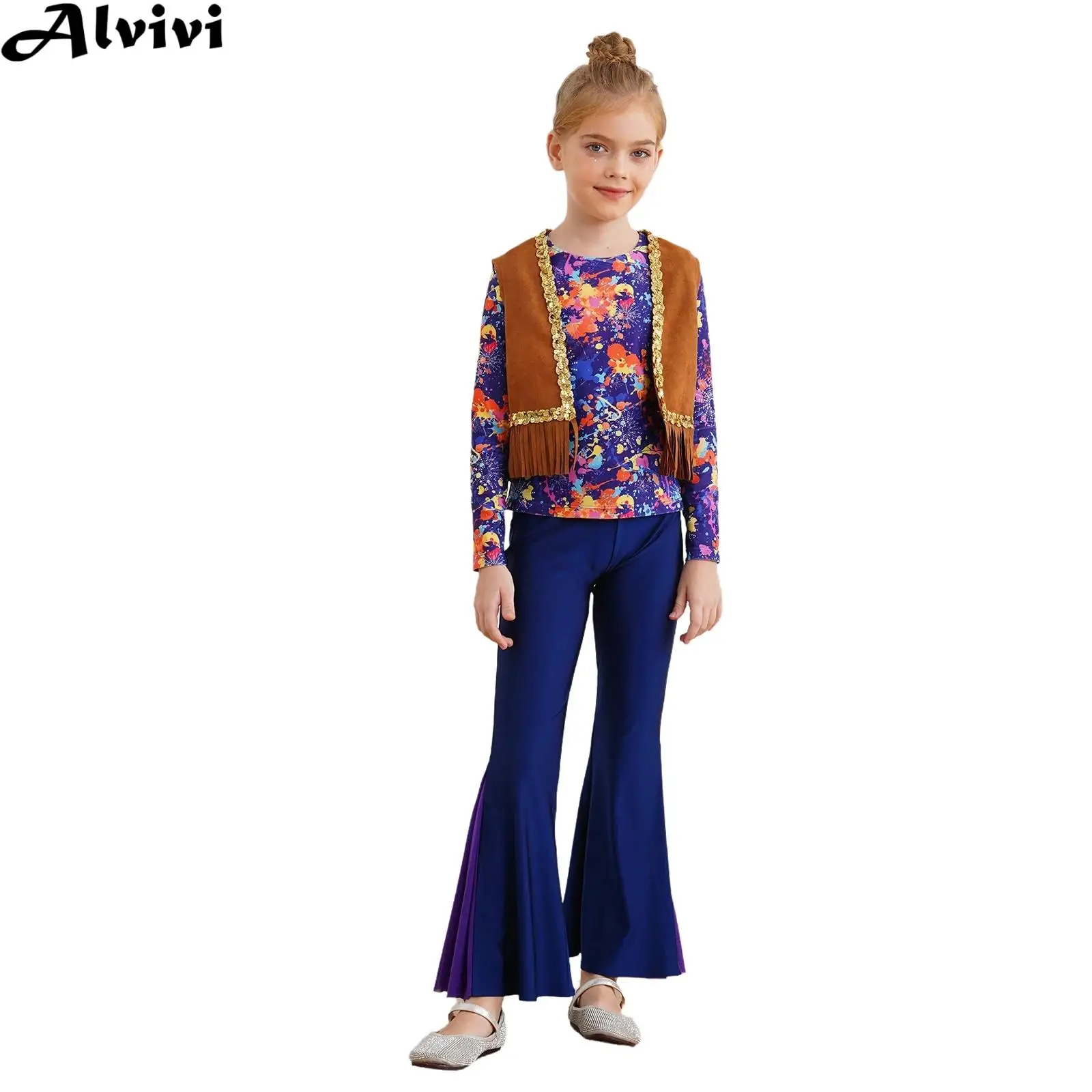 

Детский костюм для диско-танцев для девочек 60-70 годов, тематическая вечеринка на Хэллоуин, карнавальный костюм в стиле хиппи, топы с принтом, расклешенные брюки, жилет