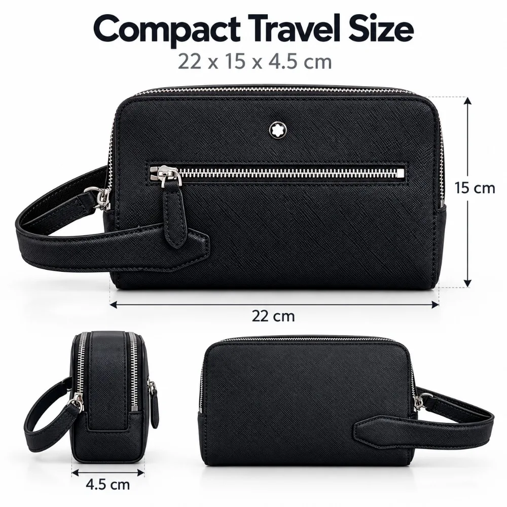 Men's Wash Bag Business Travel Toiletry Organizer Genuine Leather Dopp Kit Black Zipper Grooming Pouch with Handle for Men