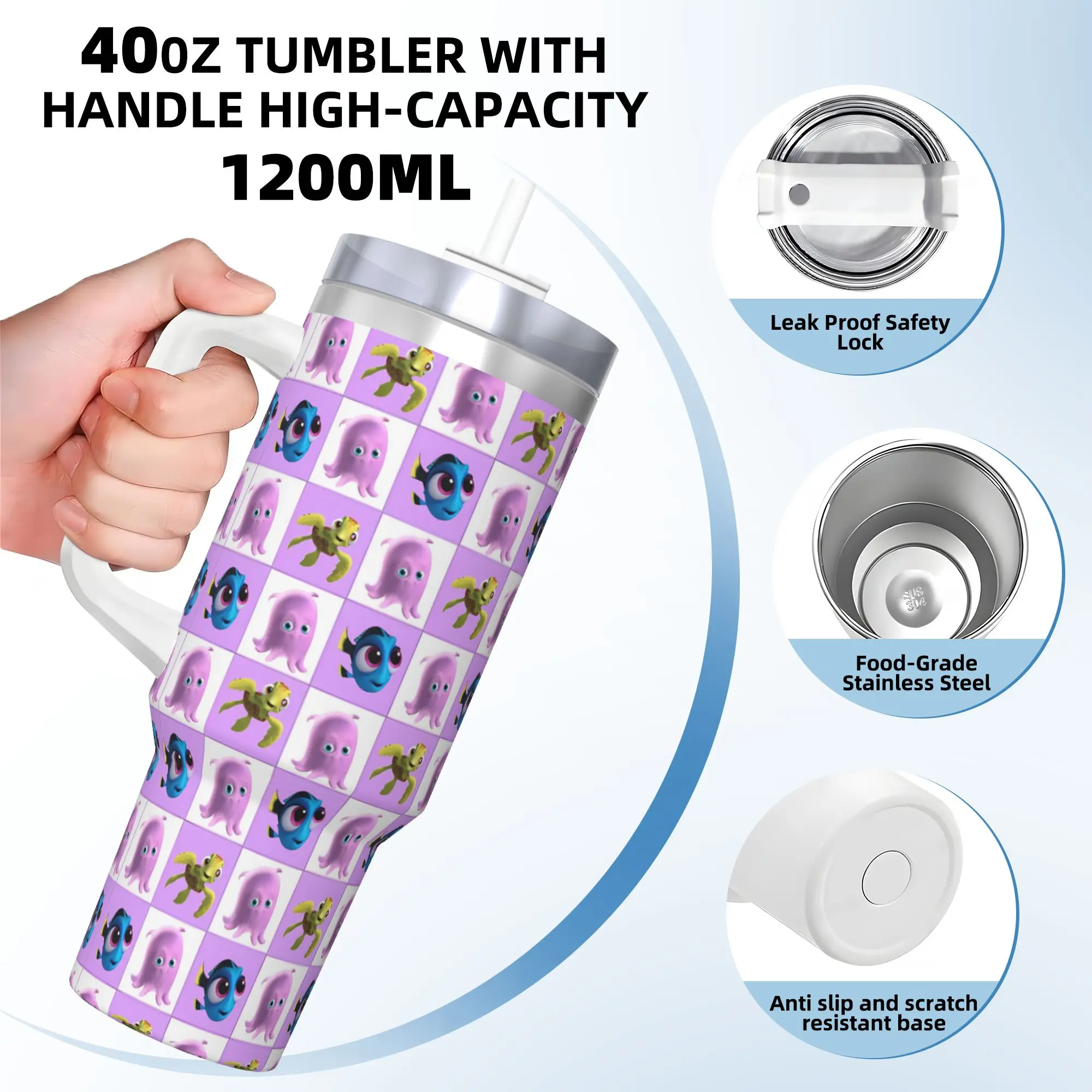 Custom Kawaii Finding Nemos Stainless Steel Tumbler  Travel Coffee Mug With Straws and Lid Large Mugs Cup Drinks Water Bottle