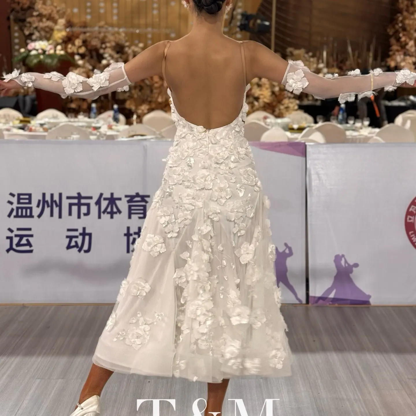 White Ballroom Dance Dress Women Flowers Party Prom Long Dress Waltz Tango Dance Performance Competition Dress Stage Wear L19916