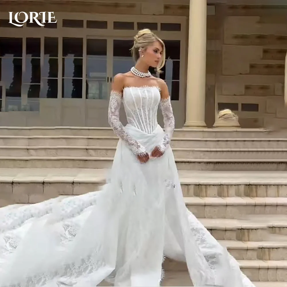 

LORIE Vintage Lace Mermaid Wedding Dresses Pleats 3D Flowers Illsion Bridal Gowns Appliques Long Sleeve Corset Bride Dresses2024