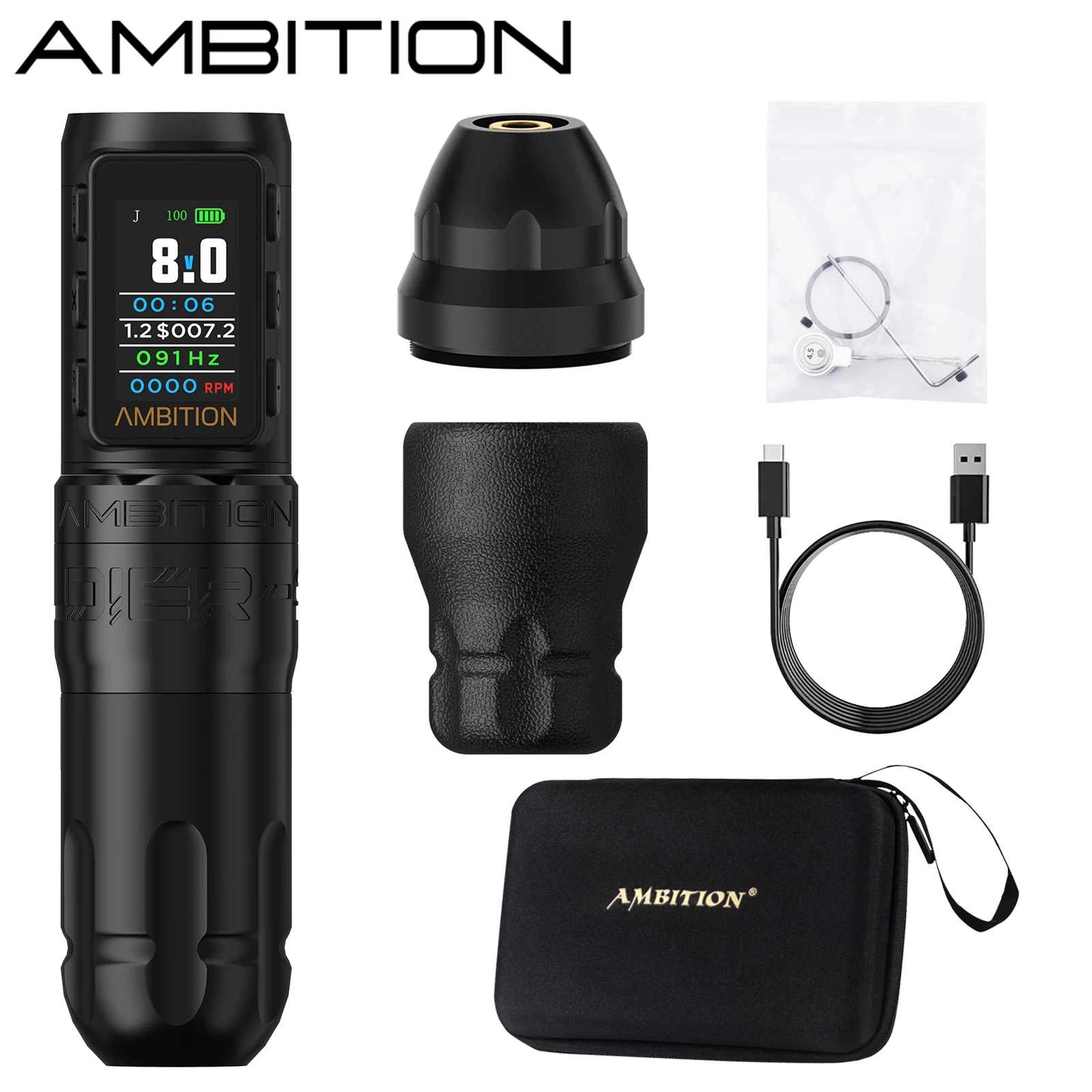 

Ambition Soldier270S Ход 5,0 + 4,5 мм Бесщеточный двигатель Беспроводная машина для татуировки 1800 мАч Аккумулятор для выставления с высоким крутящим моментом 270 г.см