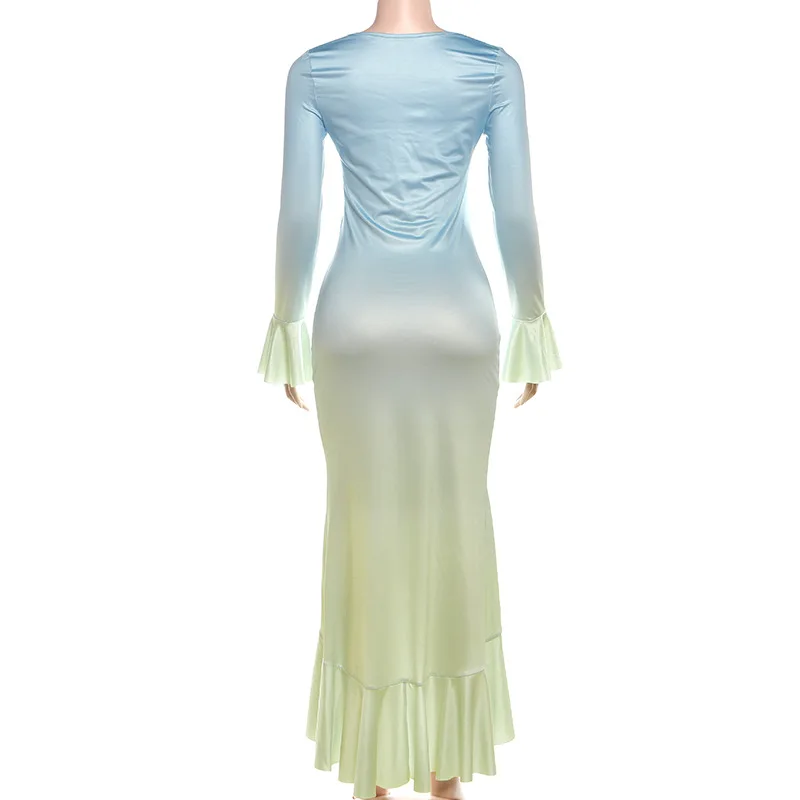 Sukienka midi Bangniweigou z blokami kolorów, dopasowana, z długim rękawem, elegancka, z dekoltem w serek, falbankami, plisowana, w kolorze niebieskim.