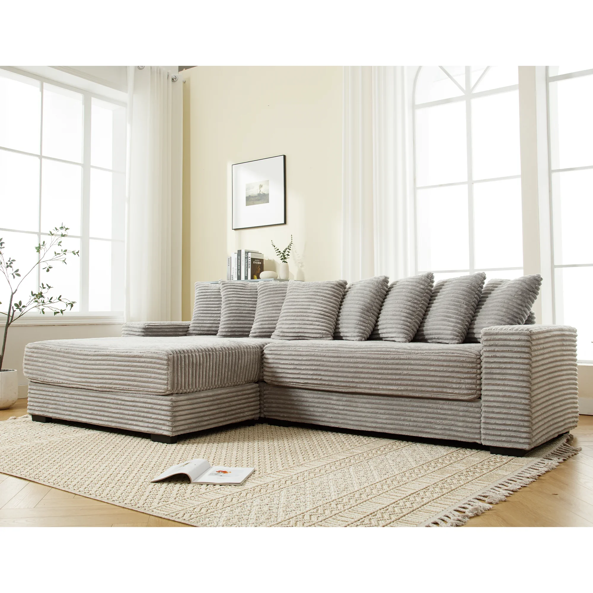 Oversized Two-Piece Couches, L Shaped Sofa, Corduroy, Left Chaise Daybed,with Armrests,Eight Throw Pillows,Corner Sofa