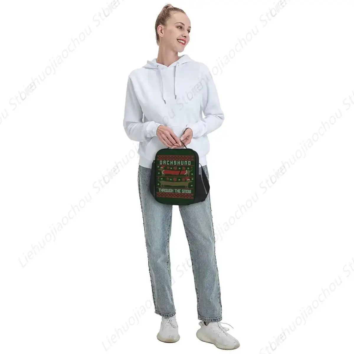 مخصص عيد الميلاد الكلب الألماني من خلال حقيبة الغداء الثلجية المرأة الدافئة برودة معزول الغداء مربع لمدرسة الأطفال