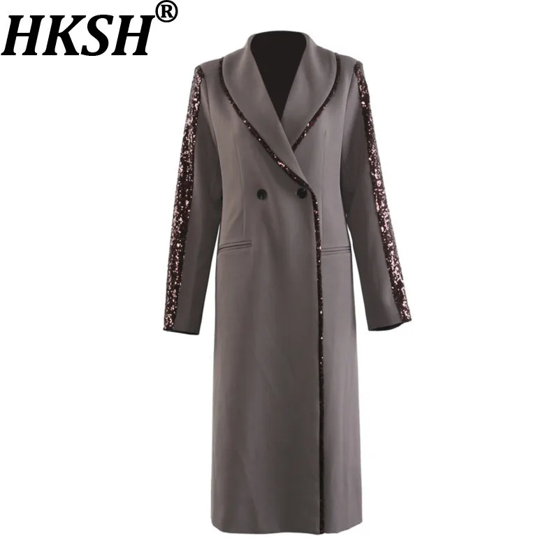 

HKSH Autumn New Women Trench Coat Heavy Craft Sequins Spliced Double Breasted Elegant Trendy Ins High Street Windbreaker HK10664