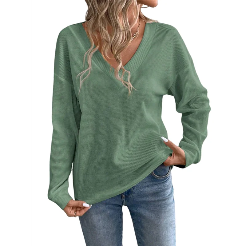 

AG-Womens Waffle Knit Tops Fashion Long Lantern Sleeve Casual Blouses V Neck Oversized T Shirts