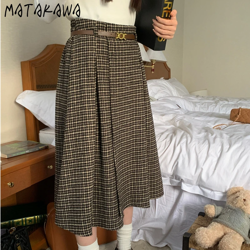 Matakawa Woolen Plaid Women Skirts Vintage Autumn Winter Preppy Style Sweet Faldas Mujer Korean Fashion Elegant Long Skirt