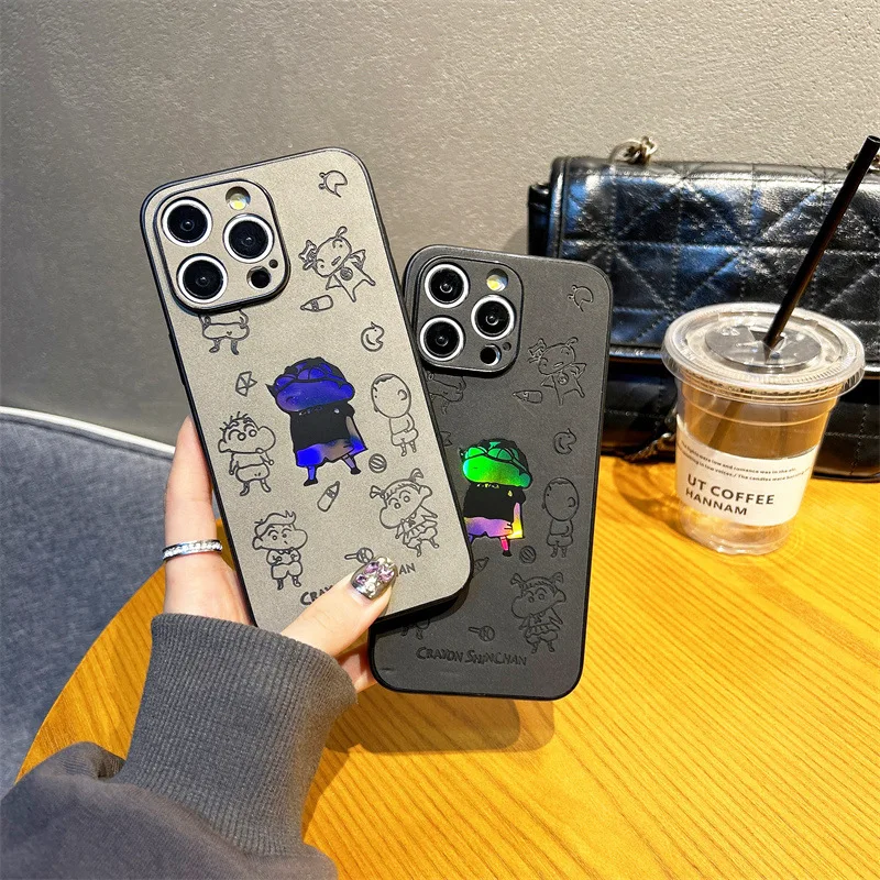 مضحك الكرتون تلوين شينشان النقش الجلود الملمس الليزر قضية الهاتف آيفون 17 الهواء 16 15 14 13 12 برو ماكس غطاء مقاوم للصدمات #3