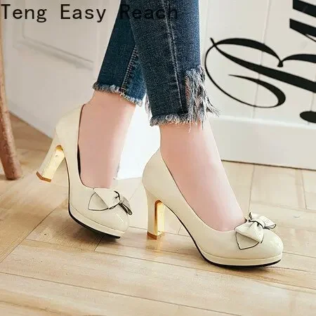 2024 Spring Bowtie Cute Pumps Mary Jane Round Toe PU Buckle Strap Sweet 8cm Block Heels Big Size 43