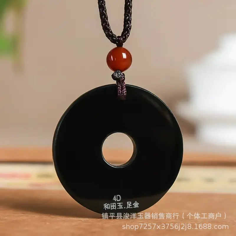 999 pure gold inlaid , six-character mantra peace with black jade heart sutra pendant