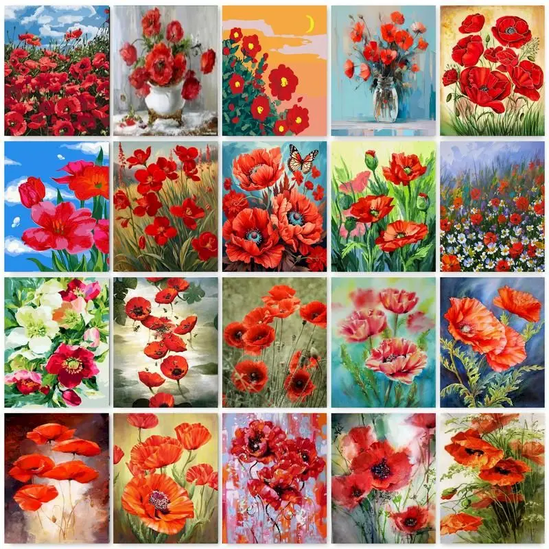 

GATYZTORY Acrylic Paint By Numbers Handpainted Kit Red Flowers Drawing By Numbers Modern Numbers Painting Home Decors