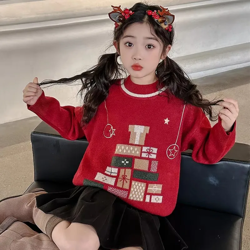 Fashion Kids Christmas Sweaters For Girl Elegant Soft Knitted Outfits Children New Year Knitwear Christmas Costume Clothes 5-14Y