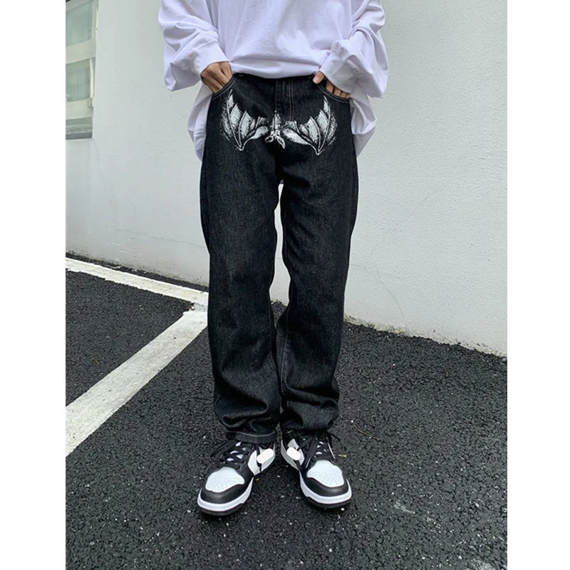 Vintage Multi-pocket Jeans Y2K Men Loose Straight Leg Fashion Wide Leg Print Cargo Pants Baggy Denim Black High Street Trousers