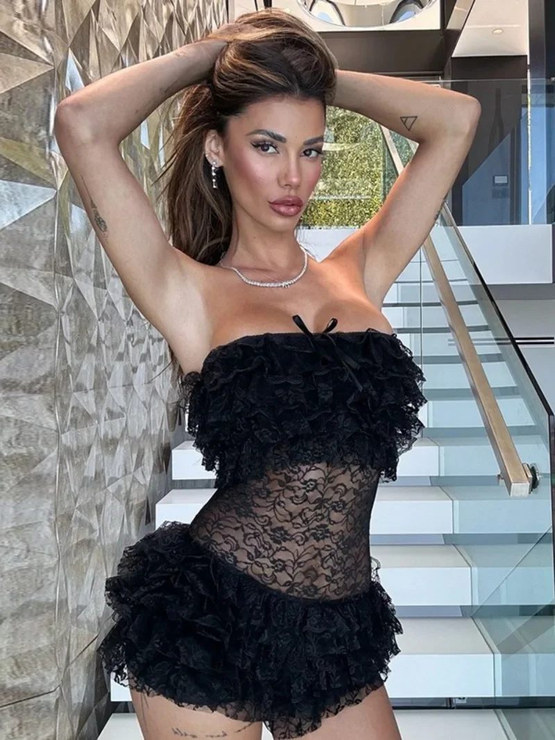 

Women Strapless Ruffles See-through Black Jumpsuit Fashion Sexy Sleeveless Hollow Out Backless Bodysuit Female Night Club Outfit