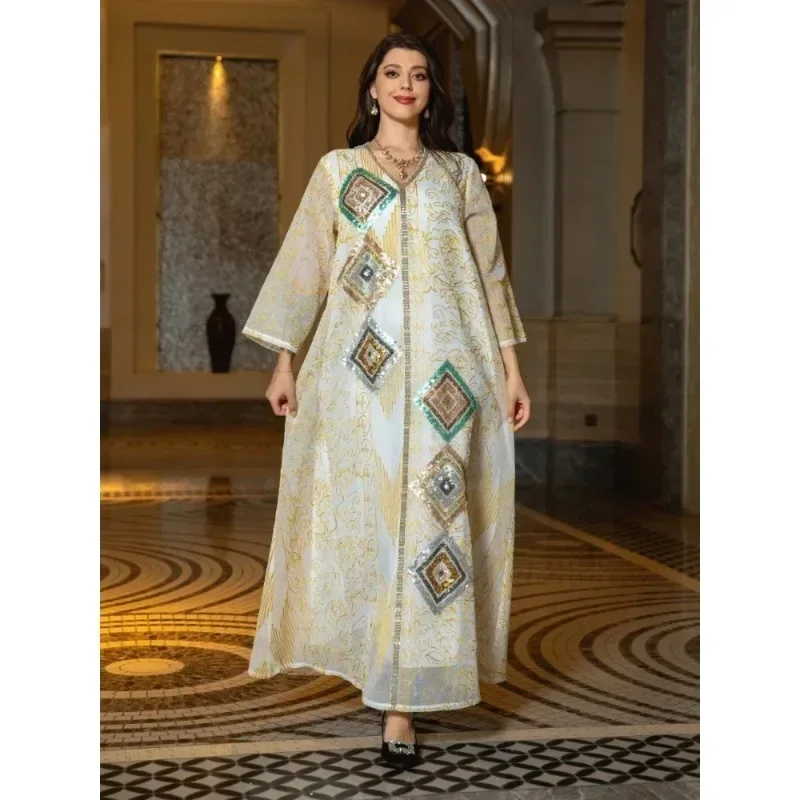 Eid Muslim Morocco Party Dress for Women Abaya Jalabiya Mesh Sequins Dresses Dubai Abayas Kaftan Islam Maxi Vestidos Arab Robe