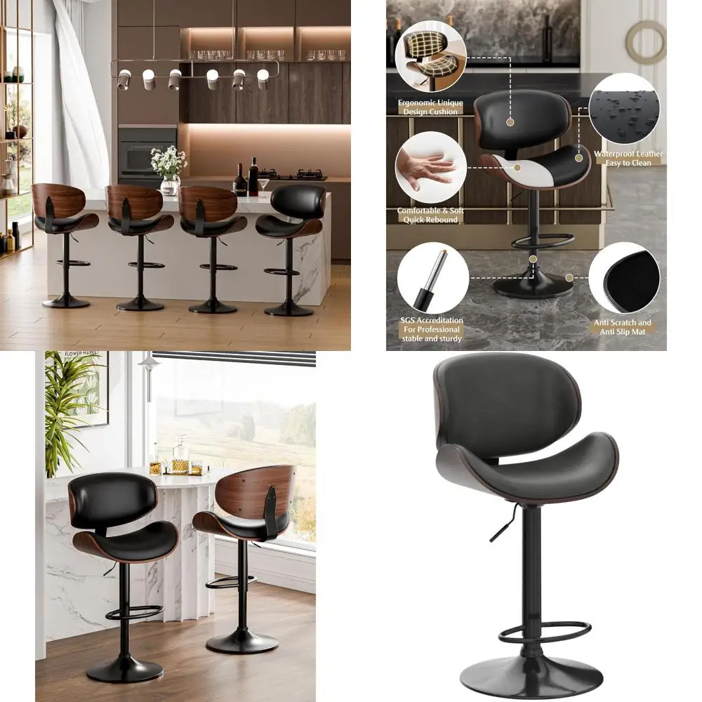 

Set of 4 Adjustable Swivel Bar Stools - Modern PU Leather Counter Height Chairs with Back, Black