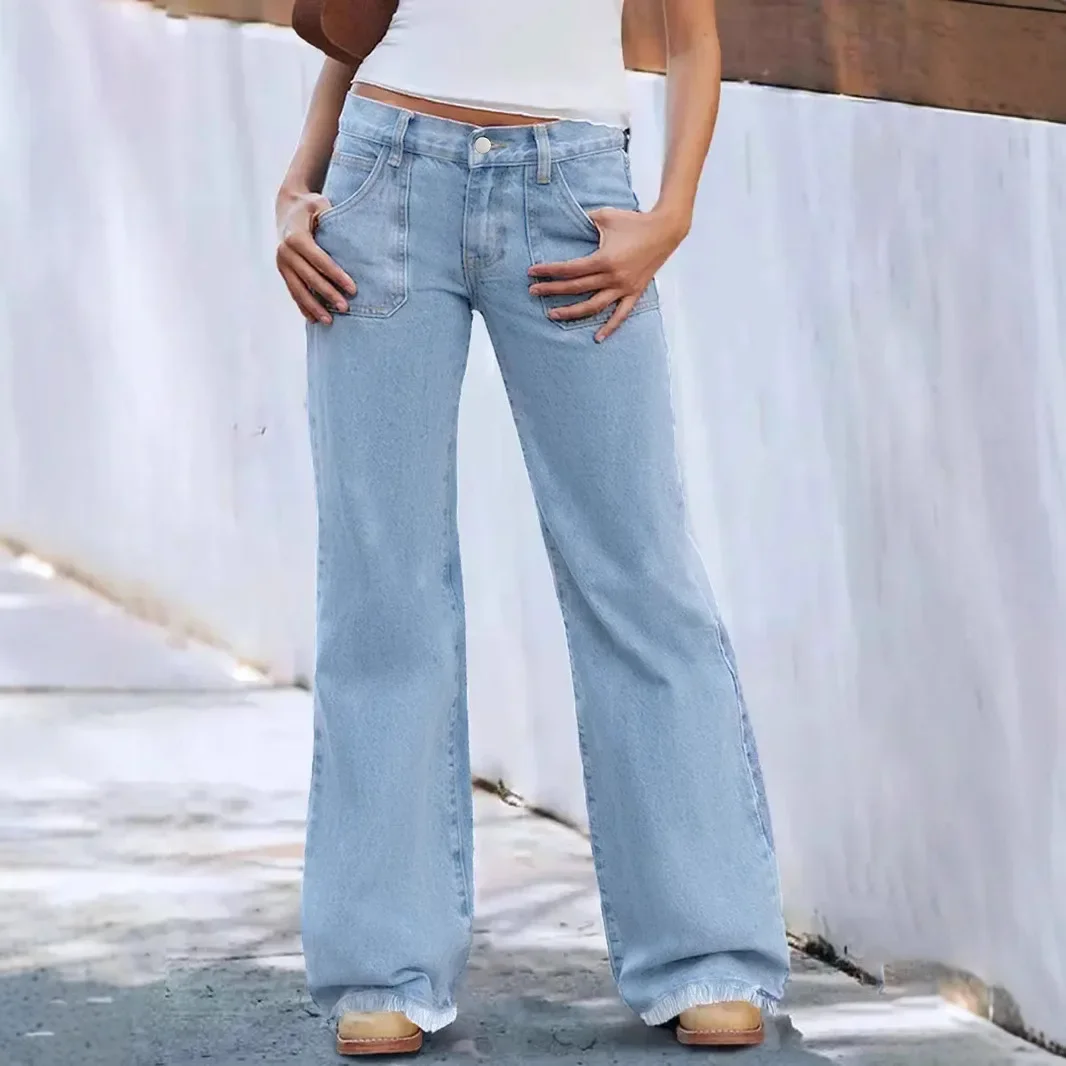 

Jeans Women Flare Pants Mid Waist Washed Pockets Button Distressed Denims Female Streetwear 2025 Straight Trousers Boot Cut