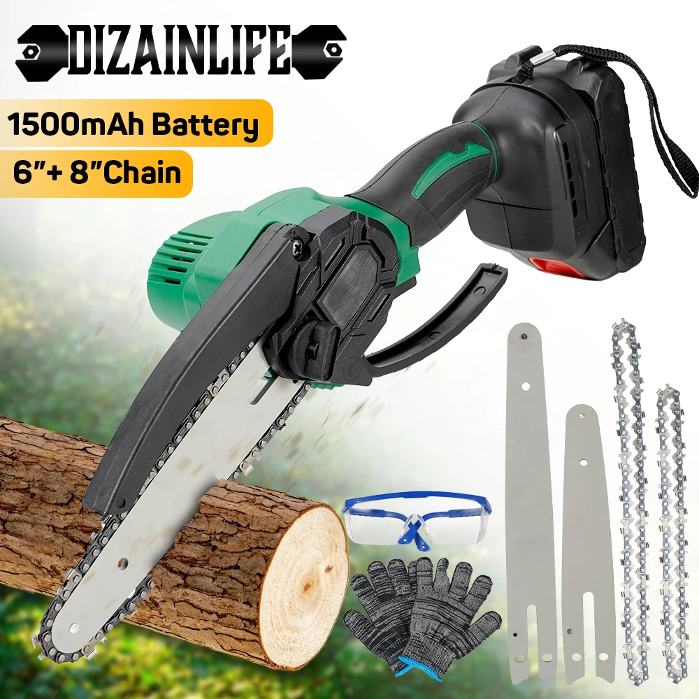 21V 6+8Inch Brushless Chainsaw Mini Cordless Electric Chain Saw Woodworking Handheld Pruning Shears Garden Cutting Trimming Toos